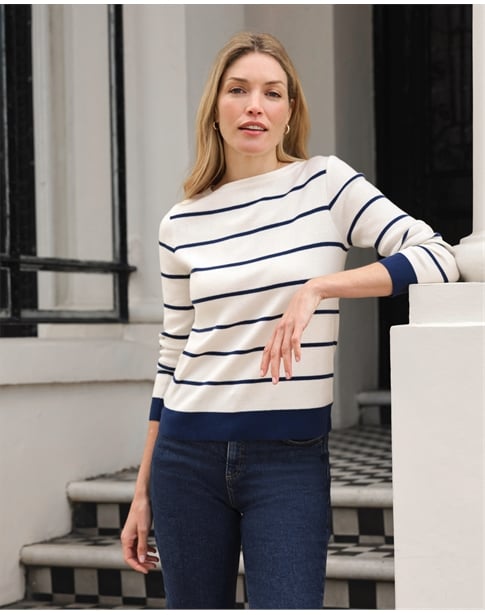 Cotton Wool Striped Boat Neck Sweater