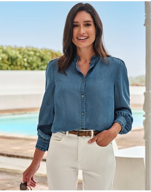 Denim Frill Stand Collar Shirt