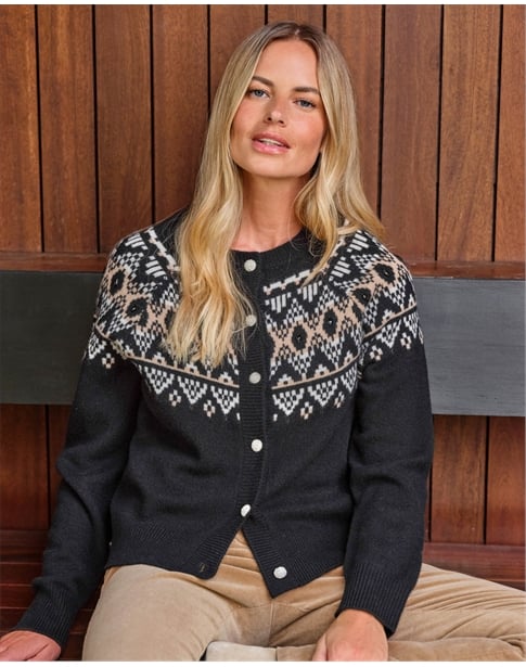 Cashmere Blend Fairisle Diamante Button Cardigan
