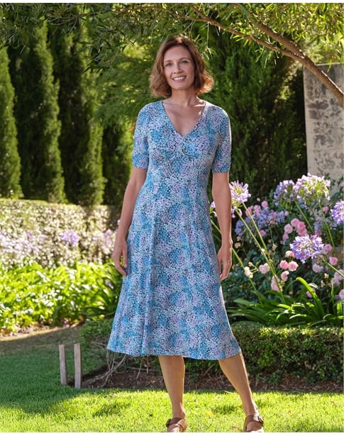 Gathered Sleeve V Neck Midi Tea Dress