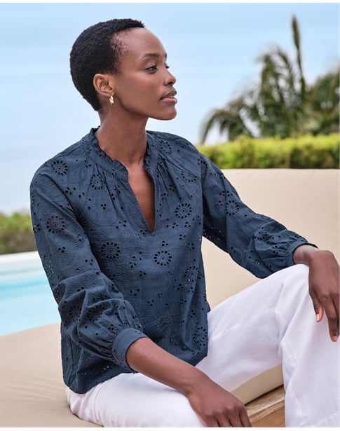 Notch Neck Broderie Blouse