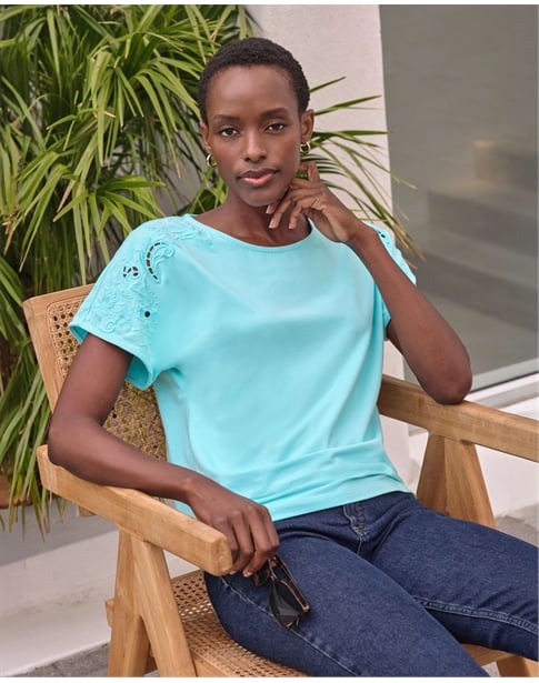 Embroidered Shoulder Short Sleeve Top
