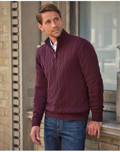 Mens Cashmere Blend Half Zip Cable Jumper