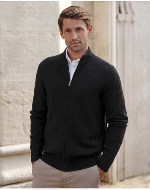 Wool Cashmere Ribbed Zip Through Cardigan