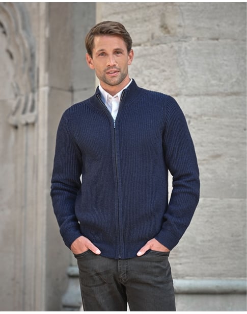 Mens Cashmere Blend Two Tone Ribbed Zip Cardigan