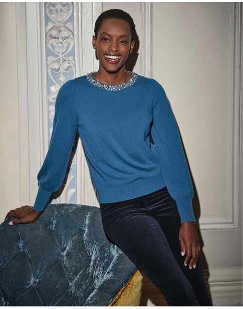 Cashmere Blend Crystal Neck Sweater