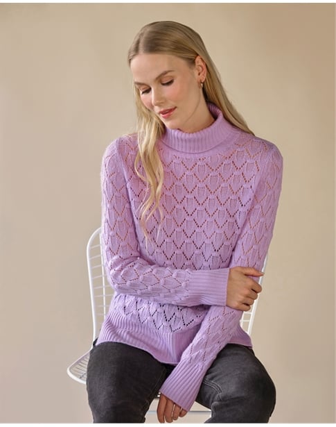 Cashmere Blend Lacy Stitch Roll Neck Jumper