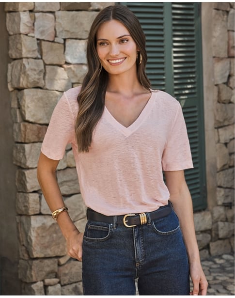 Linen Short Sleeve V Neck T-Shirt