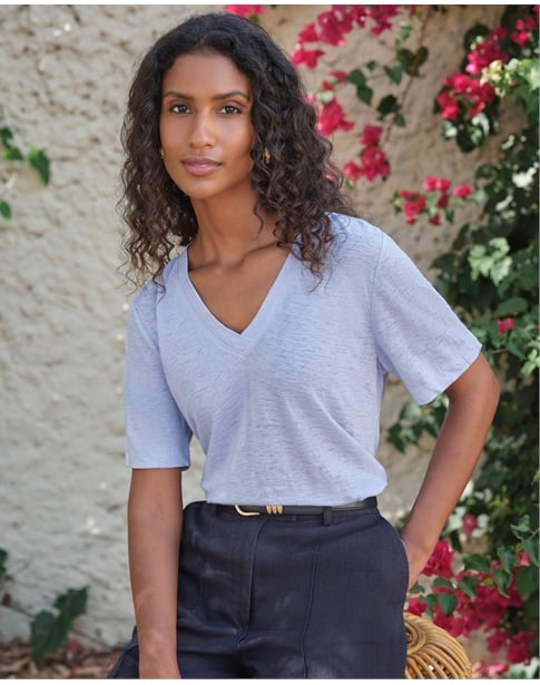 Linen Short Sleeve V Neck T-Shirt