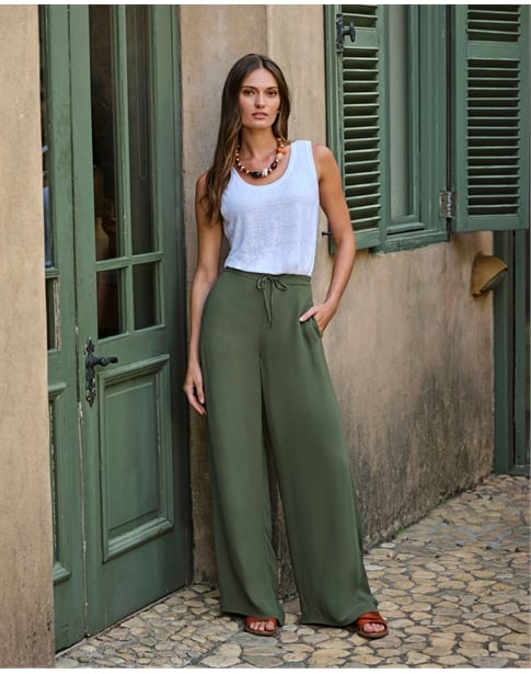 Tie Waist Elastic Back Wide Leg Trouser