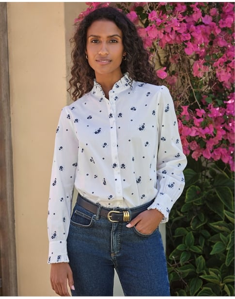 Embroidered Frill Neck Cotton Shirt