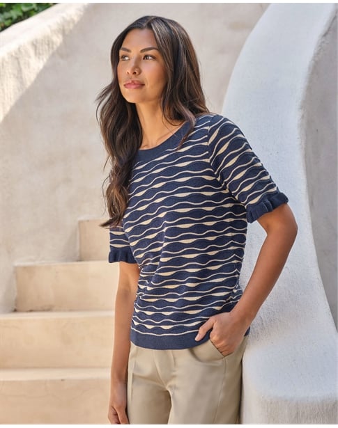 Short Sleeve Cotton Blend Wavy Stripe Top