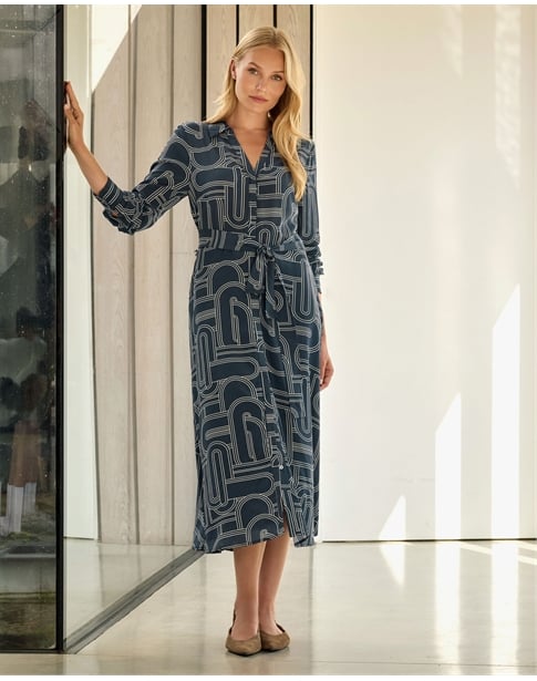Linear Geo Silk Shirt Dress