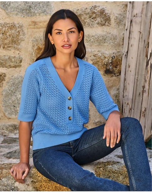 Cotton Mesh Button Neck Top