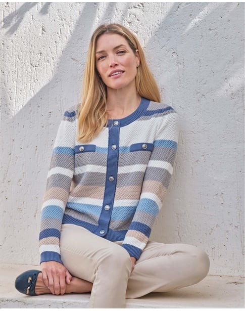 Cotton Striped Textured Crew Cardigan