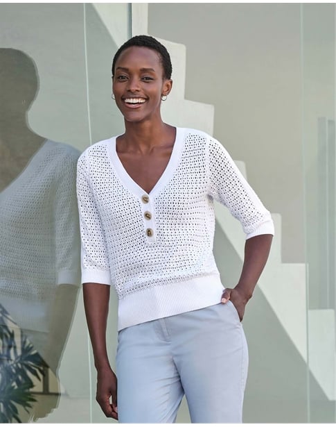 Cotton Mesh Button Neck Top