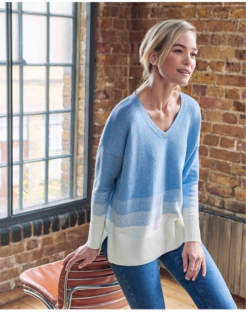 Wool Cotton Soft Stripe V Sweater