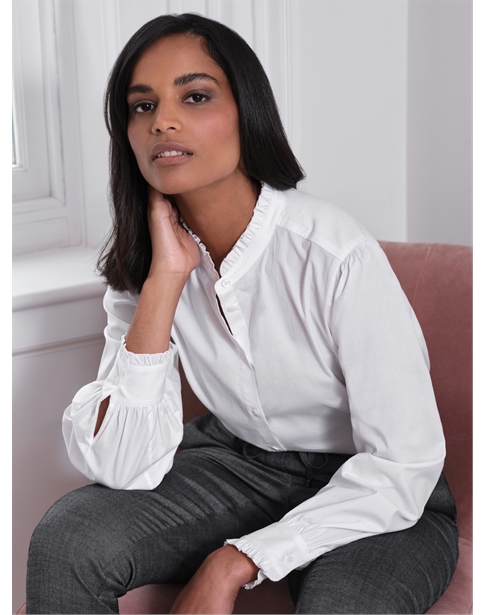 Washed Cotton Poplin Frilled Stand Collar Shirt