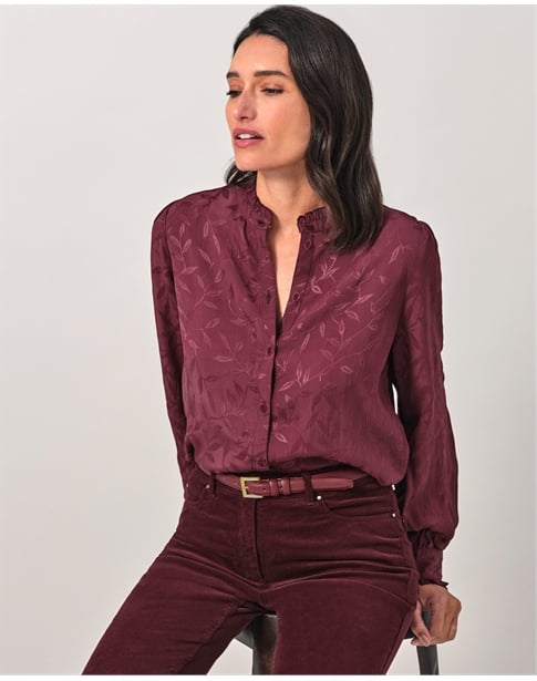 Frill Neck Leaf Jaquard Blouse
