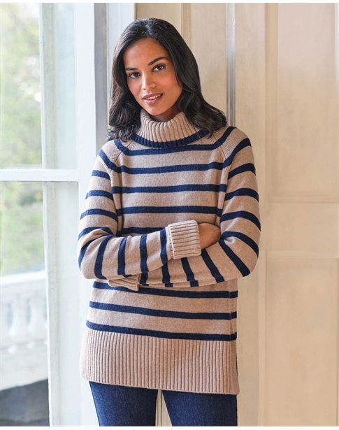 Wool Cashmere Striped Roll Neck Sweater