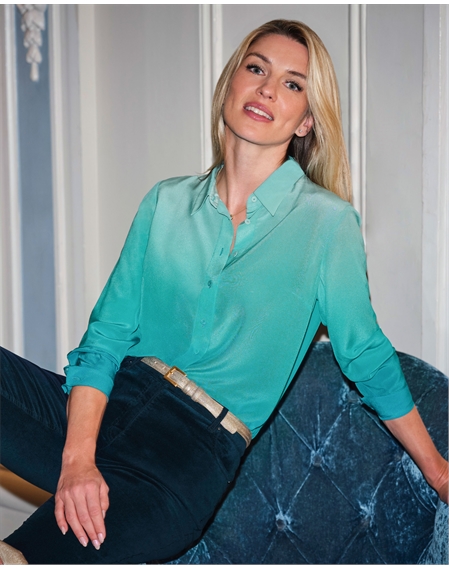 Teal, Washed Silk Notch Neck Blouse