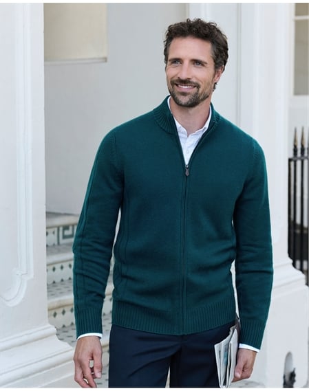Wool Cashmere Ribbed Zip Through Cardigan