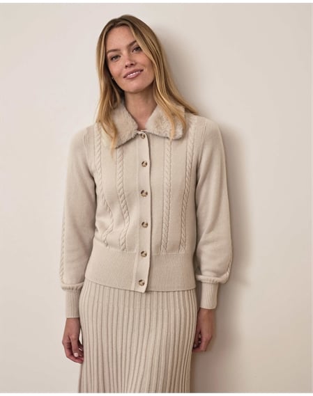 Wool Cashmere Fur Trim Cable Cardigan