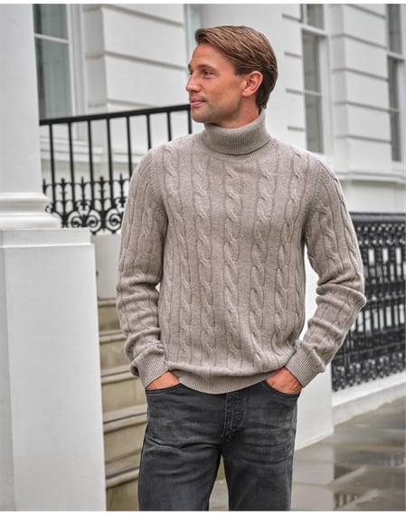 Wool Cashmere Cable Roll Neck Sweater