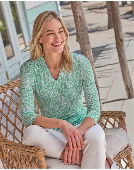 Jersey 3/4 Length Sleeve High V Neck Top