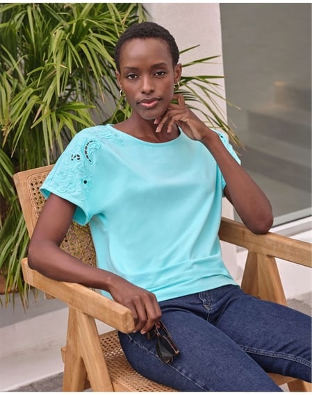 Embroidered Shoulder Short Sleeve Top