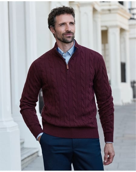 Mens Cashmere Blend Half Zip Cable Jumper