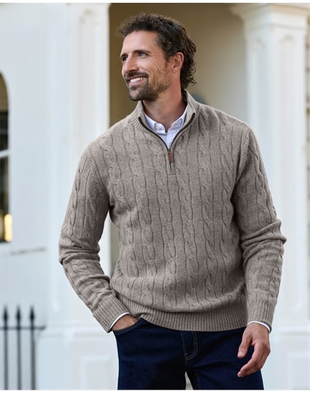 Mens Cashmere Blend Half Zip Cable Jumper