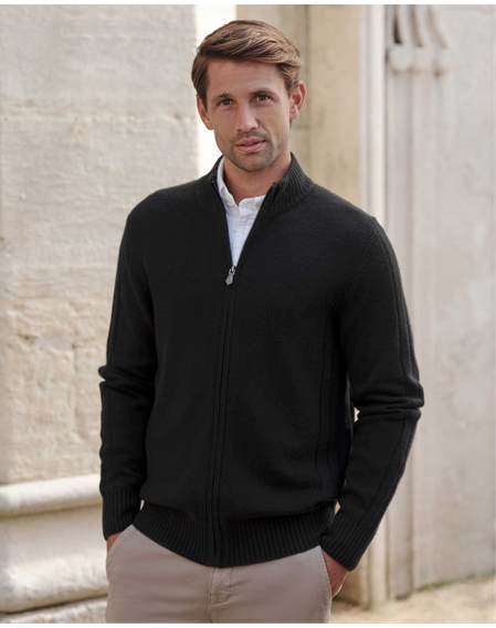 Wool Cashmere Ribbed Zip Through Cardigan