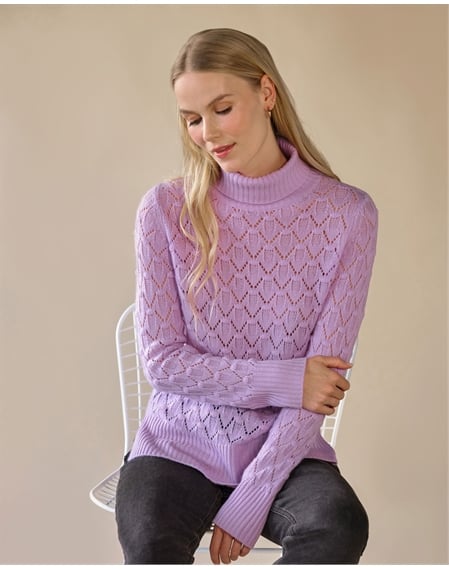 Cashmere Blend Lacy Stitch Roll Neck Jumper