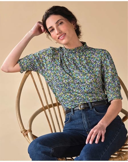 Shirred Short Sleeve Turtle Neck