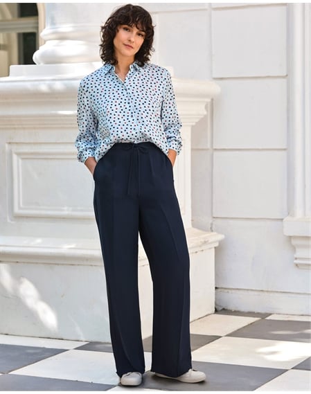 Tie Waist Elastic Back Wide Leg Trouser