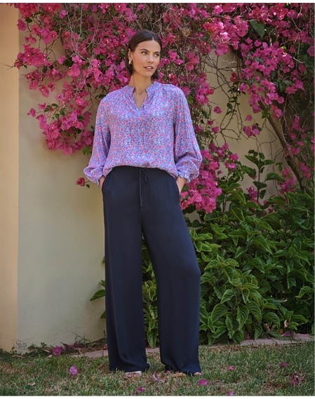 Tie Waist Elastic Back Wide Leg Trouser