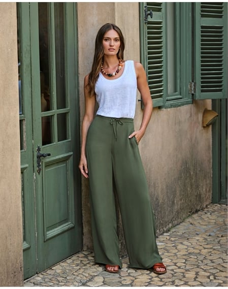 Tie Waist Elastic Back Wide Leg Trouser