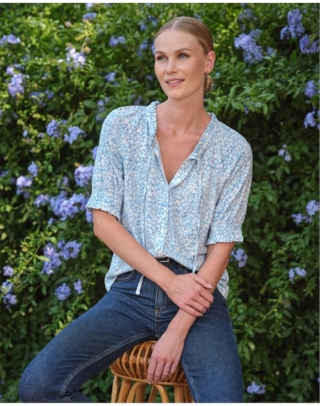 Short Sleeve Tie Frill Neck Blouse