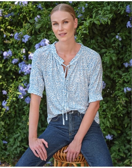 Short Sleeve Tie Frill Neck Blouse