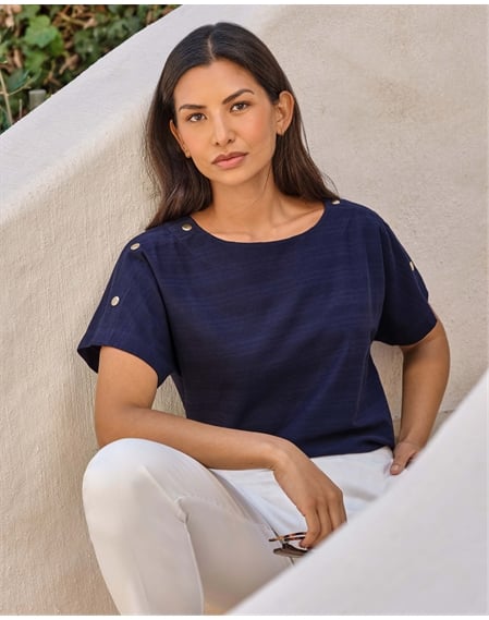 Button Shoulder Textured Tee