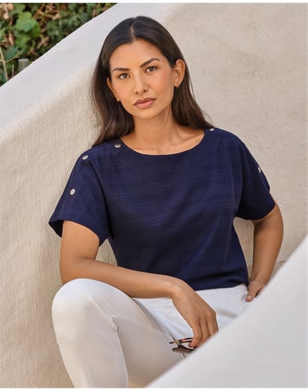 Button Shoulder Textured Tee