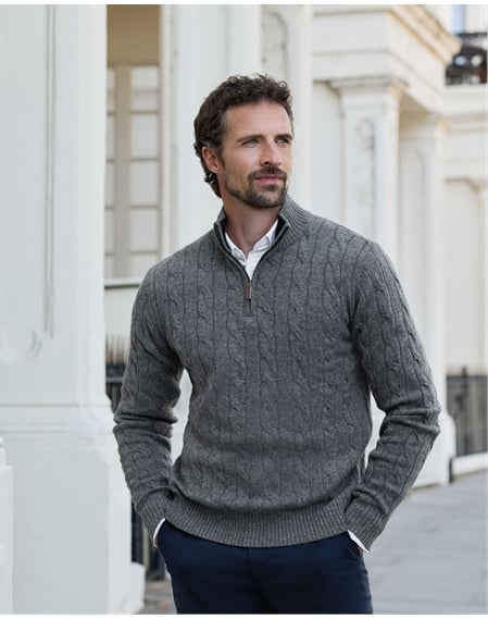 Mens Cashmere Blend Half Zip Cable Jumper