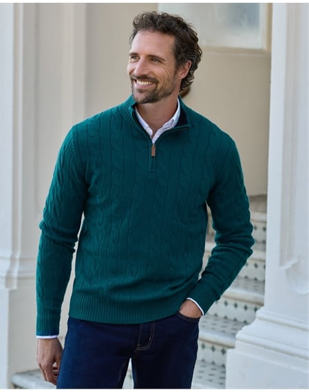 Mens Cashmere Blend Half Zip Cable Jumper