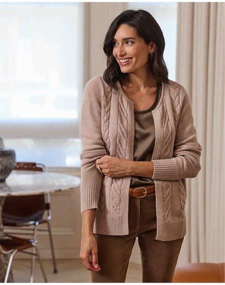 Wool Cashmere Mid Length Cable Cardigan