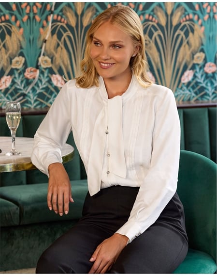 Pleat Front Tie Neck Blouse