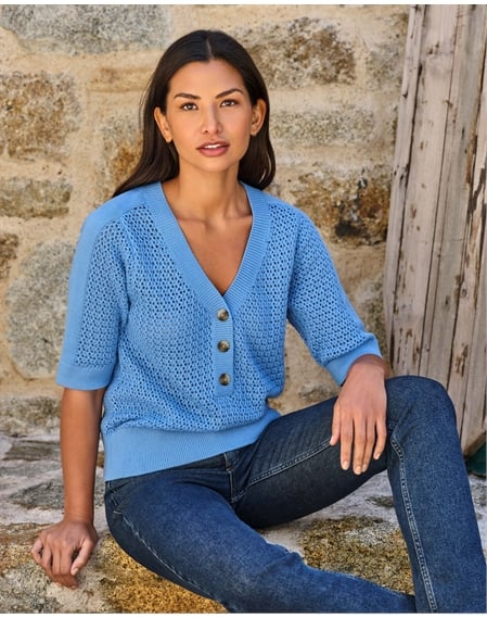 Cotton Mesh Button Neck Top