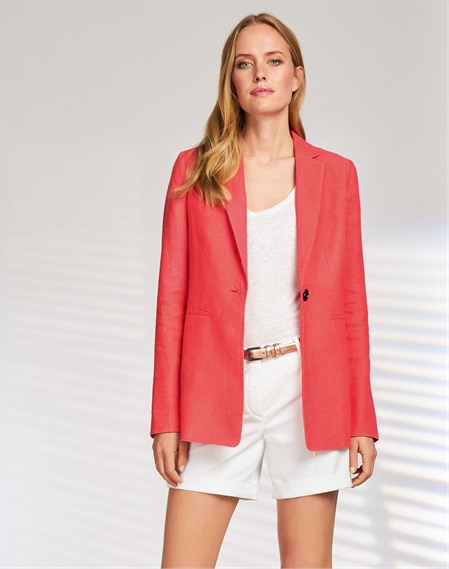 coral blazer and shorts