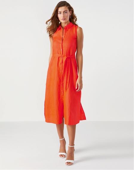 Bright Coral | Sleeveless Linen Shirt Dress | Pure Collection