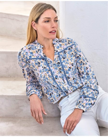 Lace Trim Printed Jersey Blouse